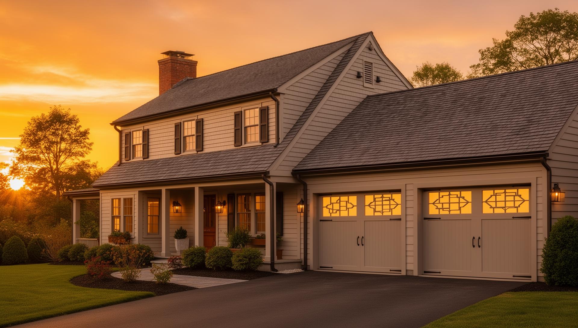 Professional residential garage door with geometric window patterns at golden hour sunset