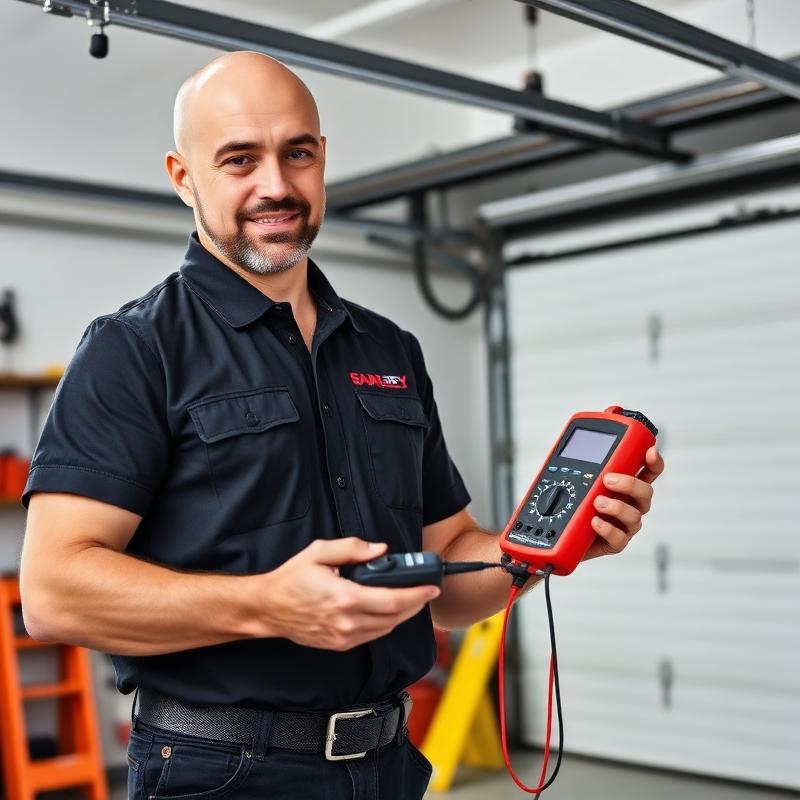 Professional garage door technician testing safety features with multimeter